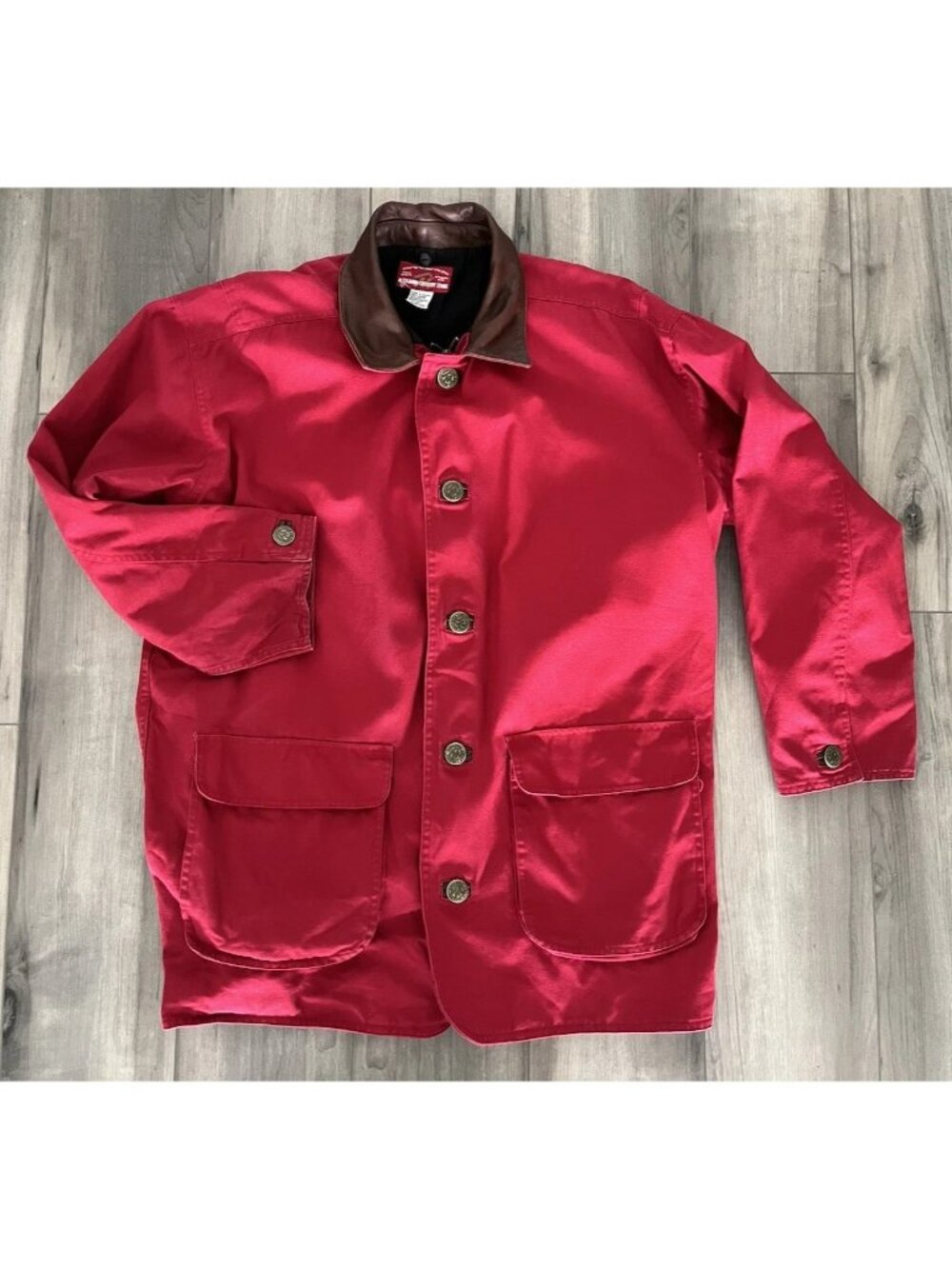 Vtg Marlboro Country Store Men's M Red Cotton Canvas Barn Coat Leather Collar